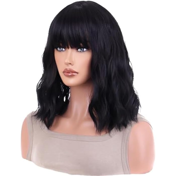 MEDIUM Bob Wavy Wigs with Bangs Shoulder Length curly Wavy Synthetic Hair with Curtain Bangs for Women Cute Natural Daily Use Hair Wig for Black Women 16 Inch -40 CM TO 45 CM-JW58-1 BLACK - Image 1